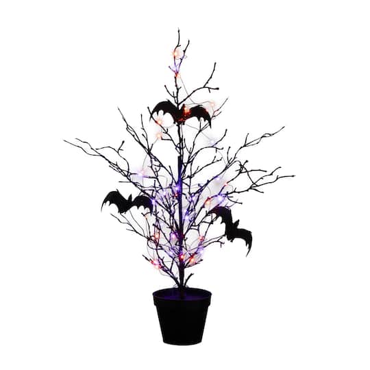 2ft. Pre-Lit Artificial Black Spooky Twig Tree with Bats and 40 Orange & Purple LED Lights